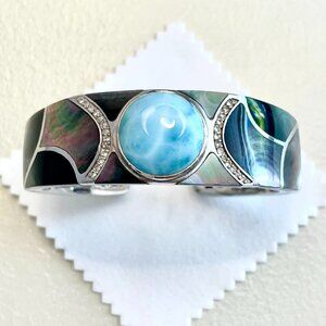 MARAHLAGO, LARIMAR RING WITH MOTHER OF PEARL AND WHITE SAPPHIRE